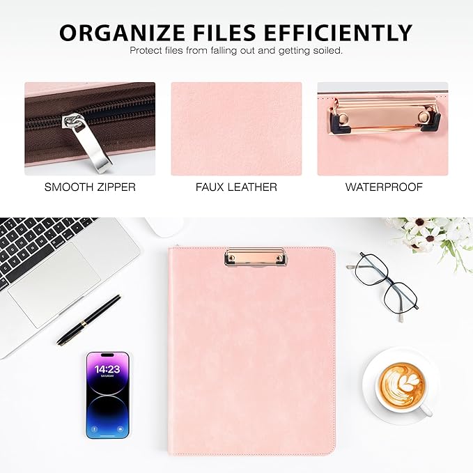Ospelelf Zippered Padfolio Organizer, Faux Leather 3 Ring Binder with Clipboard, Letter Size Business Portfolio with Notepad, Tablet Sleeve & Phone Pockets for Office Work Pink