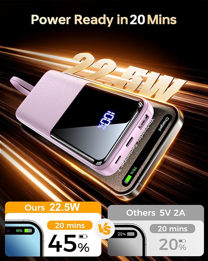 CFIAI Portable Charger Power Bank, 50% Larger Capacity 15000mAh Battery Pack with Built in Cable, 22.5W Fast Charging Travel Camping Essential for iPhone 17 16 Pro iPad Samsung S26 Google, Lavender