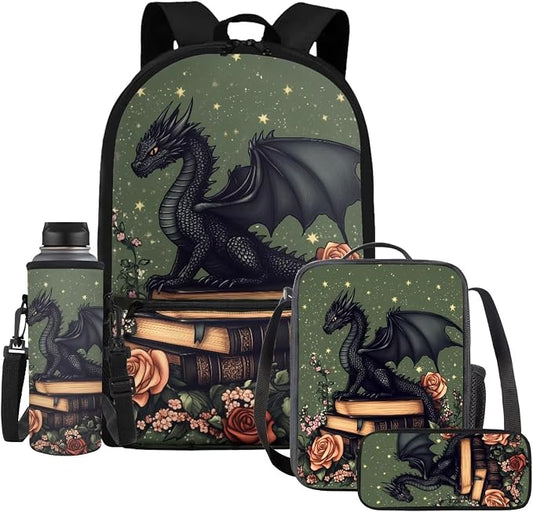 WELLFLYHOM Girls Dragon School Backpack with Lunch Box, 17 Inch 4PCS Green Backpack Set for Elementary Kids 6-11, Reduce Shoulder Pressure for Child, Back to School Supplies