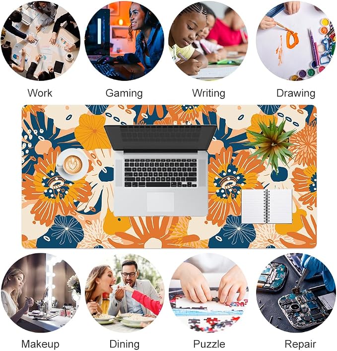 QiyI Large Desk Pad, Floral Mouse Pad Desktop Decor, Waterproof PU Leather Desk Cover Protector, Desk Accessories for Office Home Work Writing Gaming 31.5" x 15.7" - Orange Blue Flowers