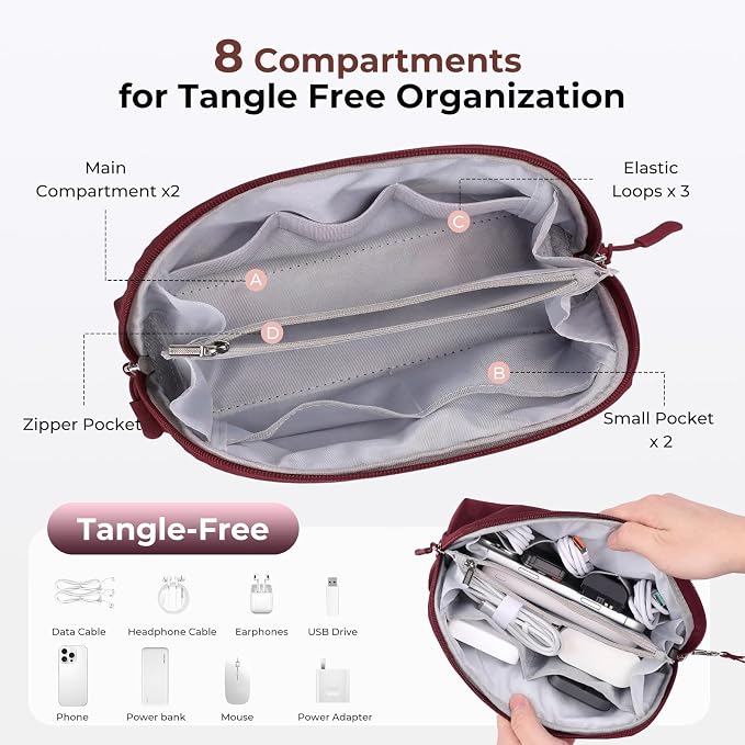 FYY Travel Cable Organizer - 8 Compartments Lightweight Water Resistant Tech Pouch with Wrist Strap, Portable Electronic Accessories Case for Cord Charger Storage for Travel Office Wine Red (Large)