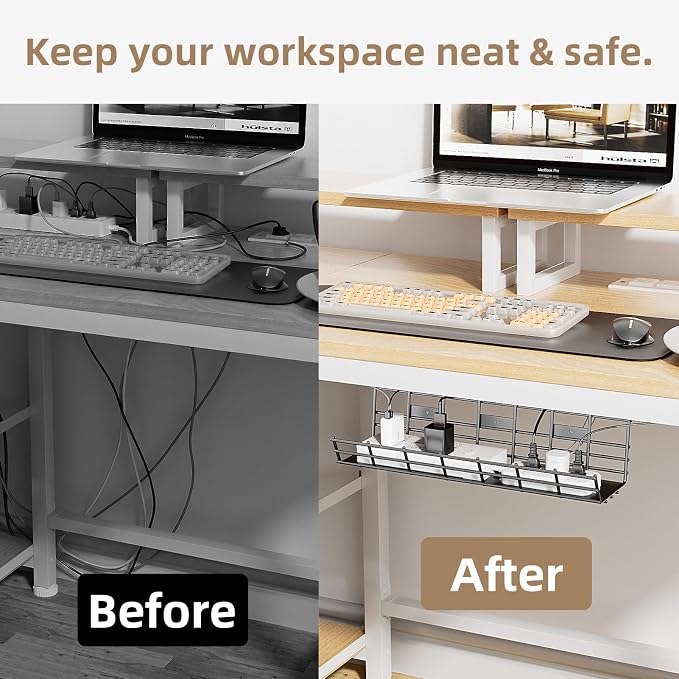 2 Pack DELAMU Under Desk Cable Management Tray, Large Metal Cord Organizer, Office & Home Cord Wire Management Under Desk Shelf, Easy Install Pre-drilled Cable Organizer, Black