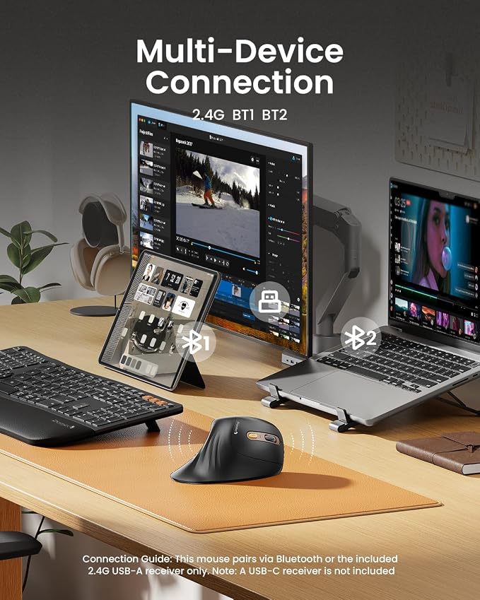 ProtoArc Ergonomic Mouse, EM11 NL Bluetooth Rechargeable Wireless Vertical Mouse, 3 Multi-Device Connectivity for Computer/PC/Laptop, 2.4GHz USB-A Optical Mice for Windows, Mac OS, Black Gold
