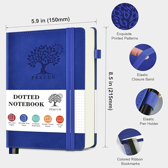 PERCUN Dotted Journal Notebook for Men & Women, 160 Pages Dot Grid notebook, A5 Hardcover Leather Bullet Journaling for Writing, Work, School, Travel, Daily Diary 5.9" x 8.5" (Navy)