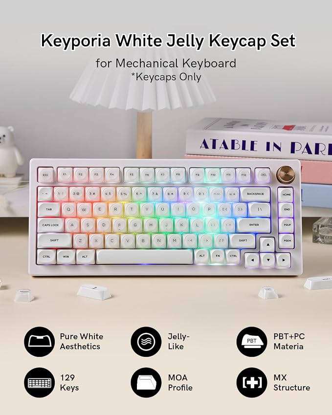 PBT Keycaps, MOA Profile White Jelly Keycaps, 129 Keys Cute Custom Key caps for MX Switches Mechanical Keyboard, Compatible with 60%, 65%, 75%, 96%, Full-Sized Layout