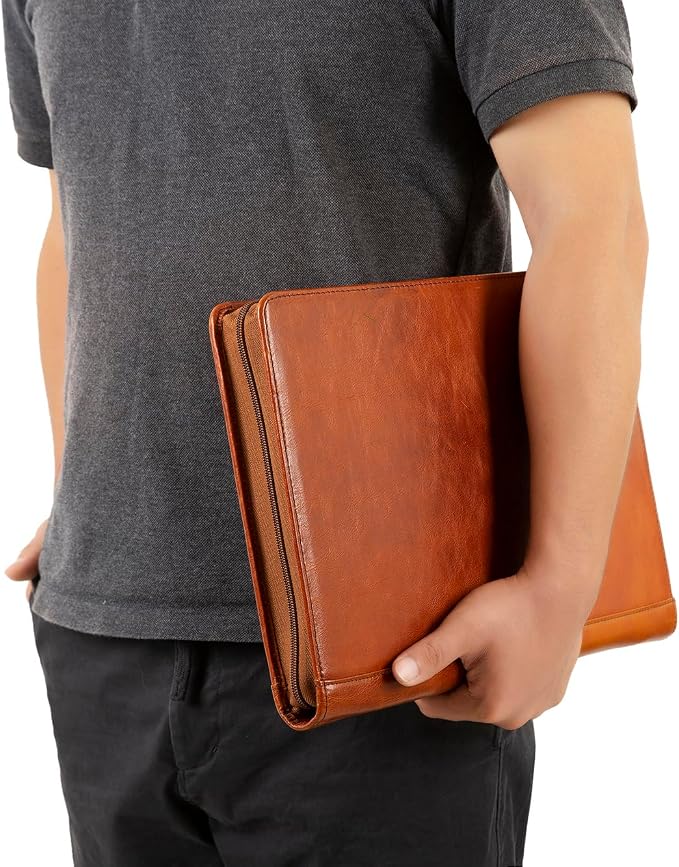 DUKE&COW Vegan Leather Portfolio Binder, 3 Ring Binder Padfolio for Women, Brown Folder, Handmade Oranizer, Personalized Resume Folder (Brown, Custom)
