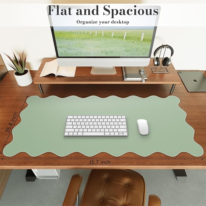 iCasso Leather Desk Pad,Extra Large Mouse Pad for Laptop,Cute Scalloped Nail Table Mat for Women Girl,Non-Slip Keyboard Mat Green,Waterproof PU Desk Cover Mat for Office Home Dorm Travel