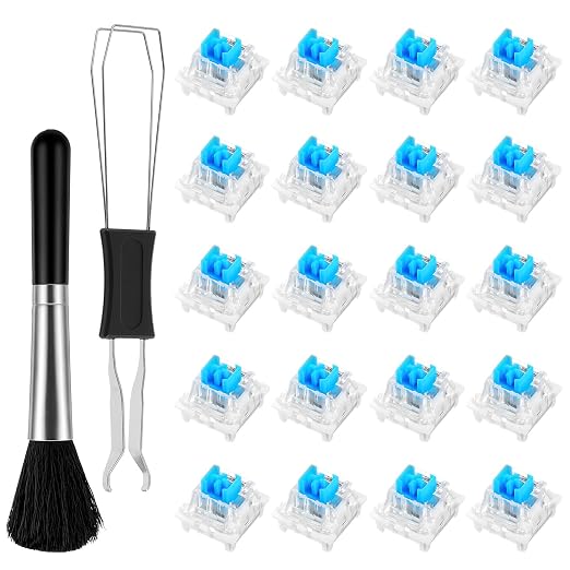 Qianyu 20 Pcs Blue Mechanical Keyboard Switches with Switch Puller and Brush 3-Pin Clicky Key Switches Dustproof DIY Replacement Kit for Gaming Keyboards Typists Gamers