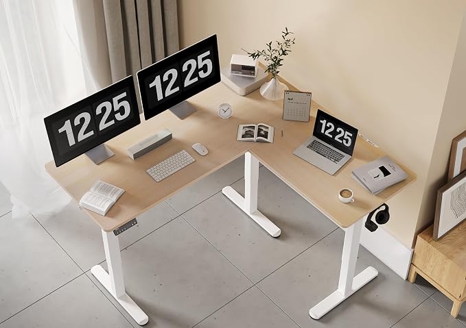 Claiks L Shaped Standing Desk Dual Motor 63x55in Adjustable Height Natural | Height 28.5-47.2 inch, 220lbs capacity, sturdy steel frame, splice board included, ideal for home office corner