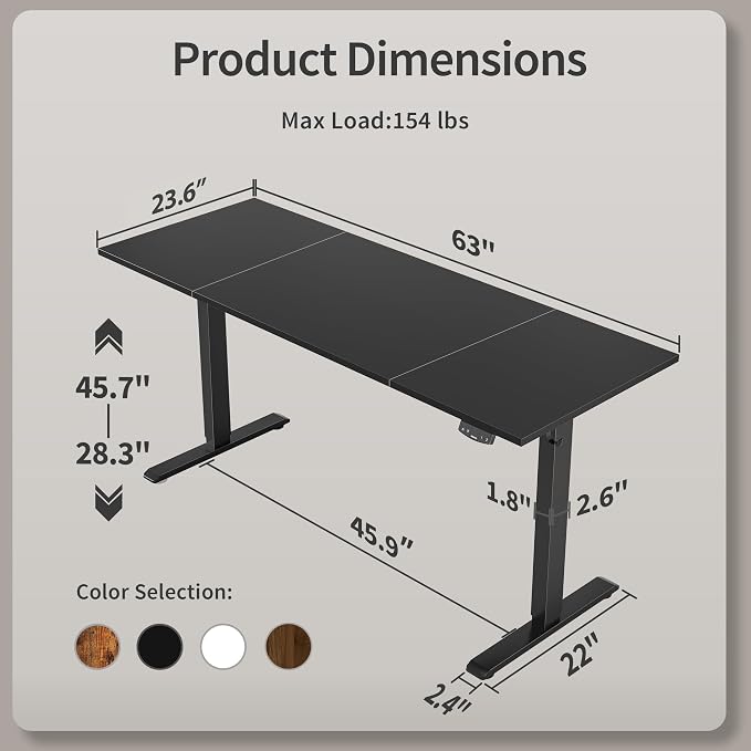 Agilestic Electric Standing Desk, 63 x 24 Inches Height Adjustable Desk, Sit Stand up for Work Office Home, Ergonomic Rising Computer Table with Memory Preset, Black