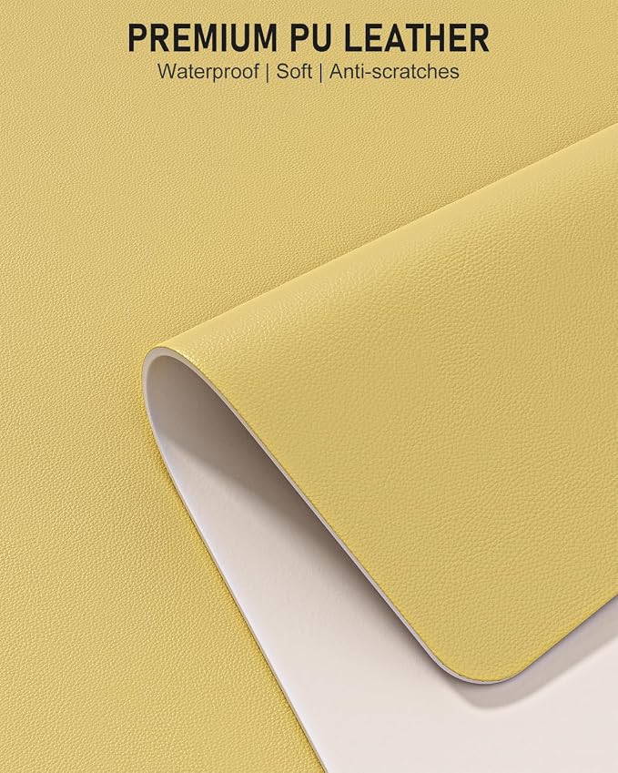 Desk Pad, 48" x 17" PU Leather Non-Slip Desk Mat Large Mouse Pad for Desktop, Waterproof Laptop Computer Writing Mat for Office, Home, Work, Gaming, Pale Yellow