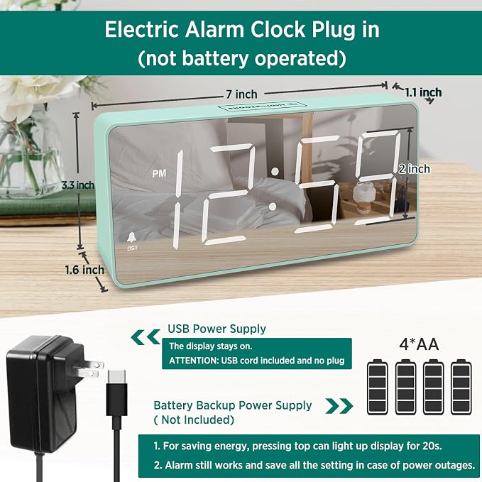 Peakeep Digital Alarm Clock for Bedrooms Bedside, Loud for Heavy Sleepers | Electric Alarm Clock Battery Backup Powered, Mirror Face, Large Numbers 6 Dimmers for Seniors