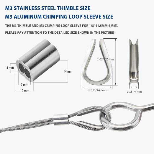 24 PCS Wire Clamp Tool Kit - 8 M2 Two-Way Wire Rope Cable Clips, 8 M3 Stainless Steel Thimbles, 8 M3 Aluminum Crimping Loop Sleeves for 1/16" Wire Rope Rigging, Tent Rope, Guard Railing for Outdoors