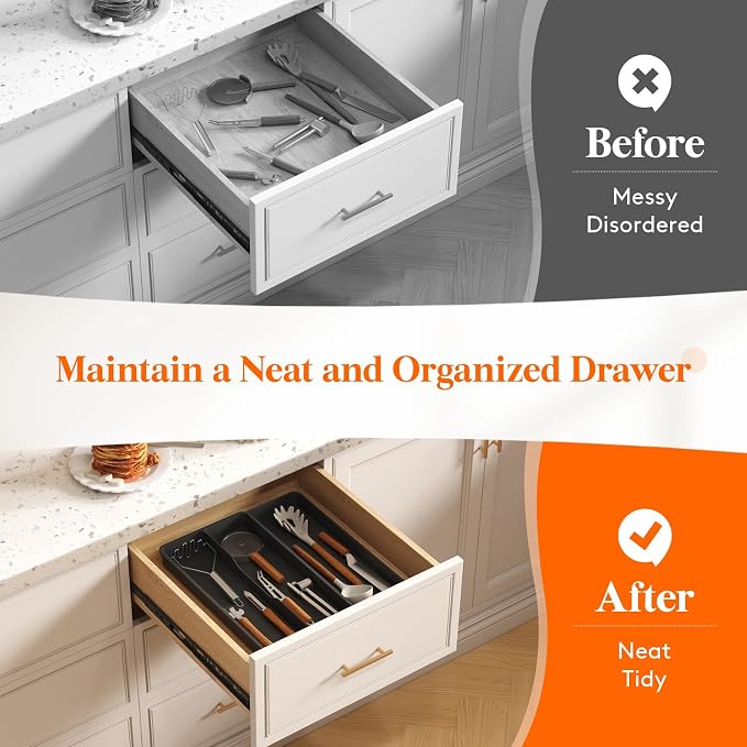 Lifewit Utensil Organizer for Kitchen Drawer, Expandable Cooking Silverware Tray, Adjustable Cutlery Flatware Holder, Plastic Spatula Tools Storage Divider, 14.4 x 15.8", Black