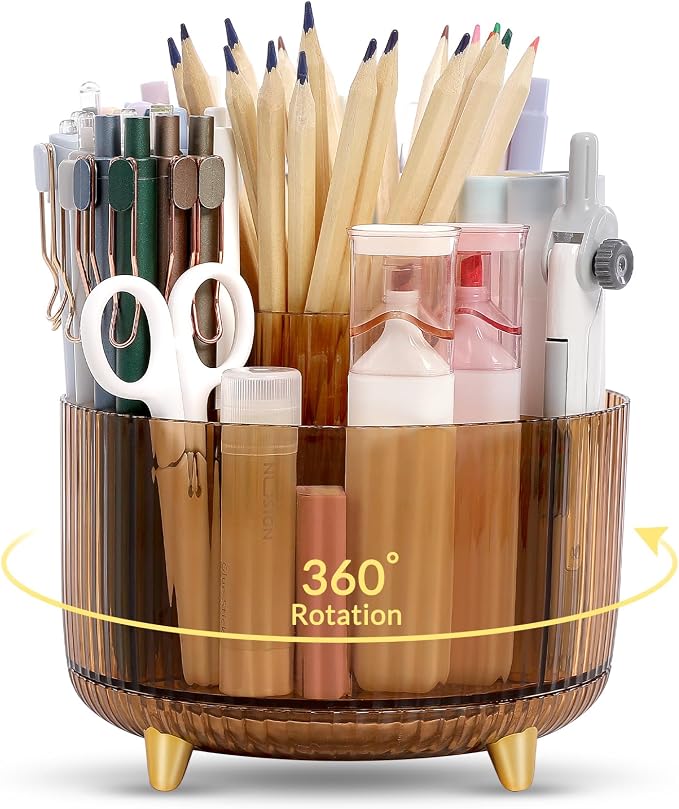 SKYDUE Rotating Pencil Pen Holder, Pen Organizer with 5 Slots - Aesthetic Desk Organizer and Accessories for School, Home, Office Supplies, Clear Tawny