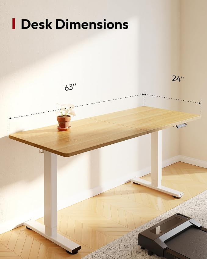 SANODESK Height Adjustable Electric Standing Desk 63x24 Inches, Sit Stand Desk with Splice Board for Home Office, Ergonomic Computer Workstation, Study & Gaming, White Frame/Maple Top