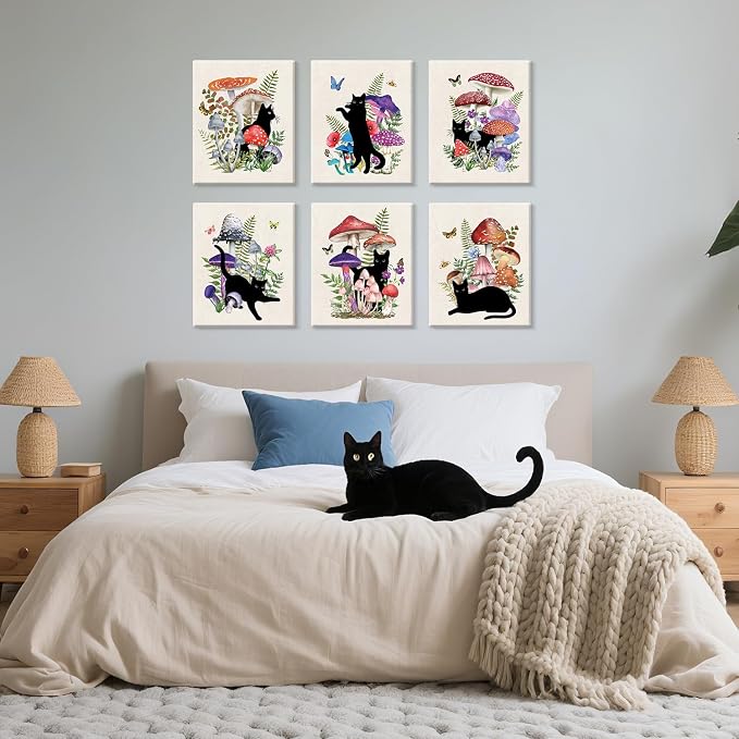 CHDITB Black Cat Canvas Wall Art, Vintage mushroom and cat Wall Decor, Nature Artwork Fantasy Fungus Feline Poster Retro Aesthetic Art Prints For Cats Lover Living Room Bedroom Decor (8X10 Inch)