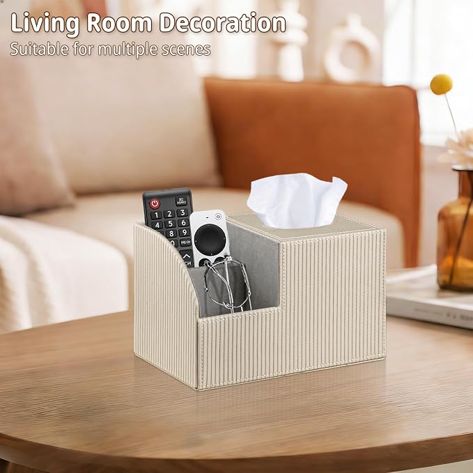 PU Leather Square Tissue Box Cover with Storage,Facial Tissue Box Holder | Multi-Functional Tissue and Remote Control Holder,Cube Tissue Box Organizer/dispenser for Bathroom,Nightstand,End Table Decor
