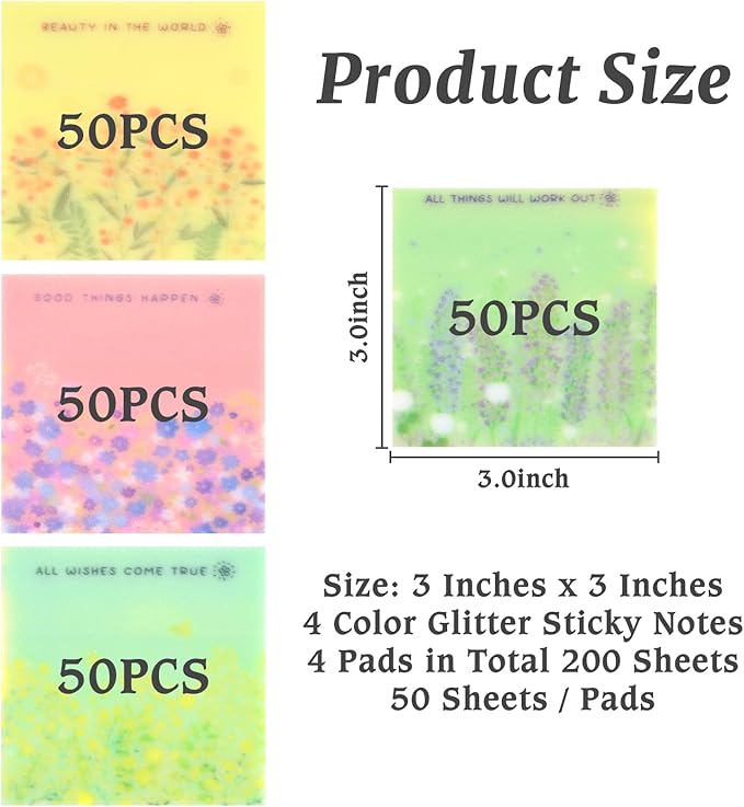200 Sheets Transparent Sticky Notes, 3 x 3 Clear Self-Stick Note Glitter, Aesthetic Translucent Memo Pads, See Through Self-Adhesive Note for Office School (Multicolored Flower)