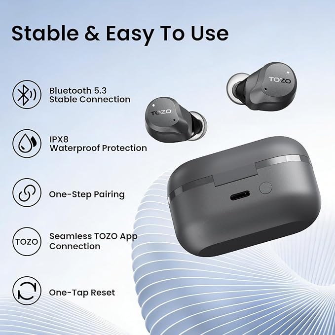 TOZO NC9 Hybrid Active Noise Cancelling Wireless Earbuds, 6 Mics ENC Clear Call, IPX8 Waterproof, in Ear Bluetooth 5.3 Headphones Stereo Bass Ear Buds 60H Playtime with LED Display 32 EQs via APP