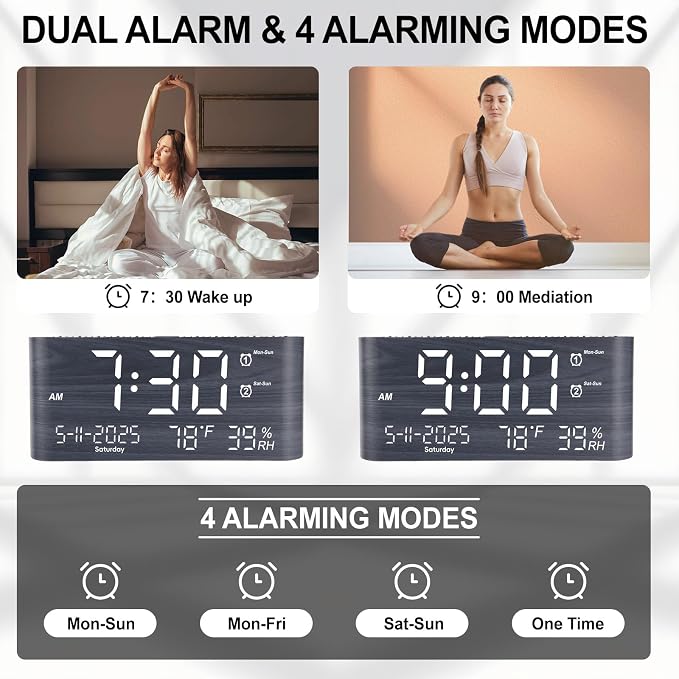 PPLEE 8.7-Inch Large Display Digital Alarm Clock, Dual Alarms & 2 USB | Day, Date, Temperature & Humidity Display, Adjustable Brightness, Snooze and Dual USB Charging for Bedroom and Heavy Sleepers
