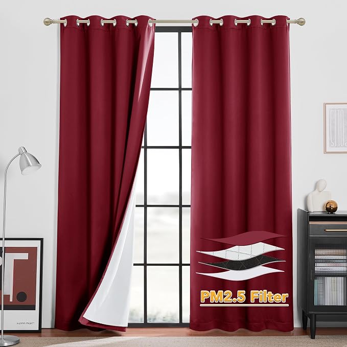 RYB HOME 4-in-1 Dust Filtering Soundproof Blackout Insulating Privacy Window Curtains for Nursery Bedroom Living Room Rivider Sound Absorption Sheet, Burgyndy Red, W52 x L84 inch, 2 Panels