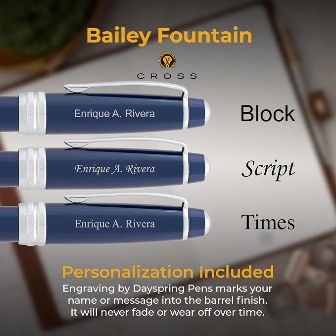 Cross Bailey Engraved Fountain Pen, Blue Lacquer with Chrome Trim, Medium Nib, Proprietary Cartridge, Personalized Gift for Graduation, Career Advancement, Writers, Gift Box Included