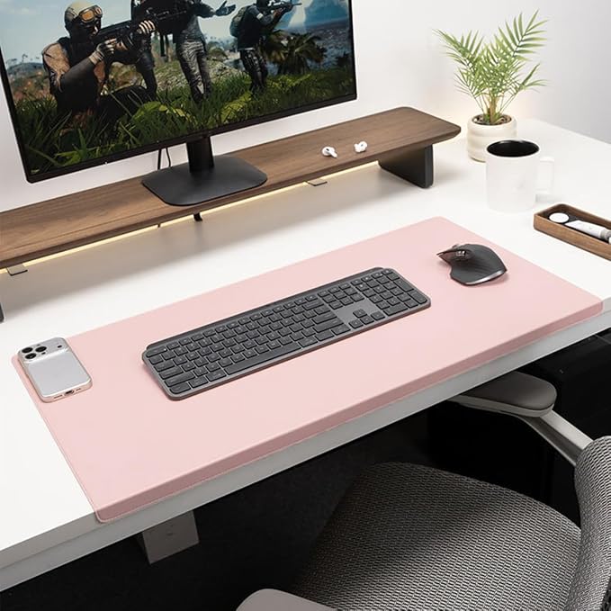 Edge-Locked Leather Desk Pad, Desk Blotter with Full Grip Fixation Lip, Waterproof Large Office Table Mat, Non-Slip Laptop Mouse Pads for Work Typing Writing (Pink,27.6"x13.8")