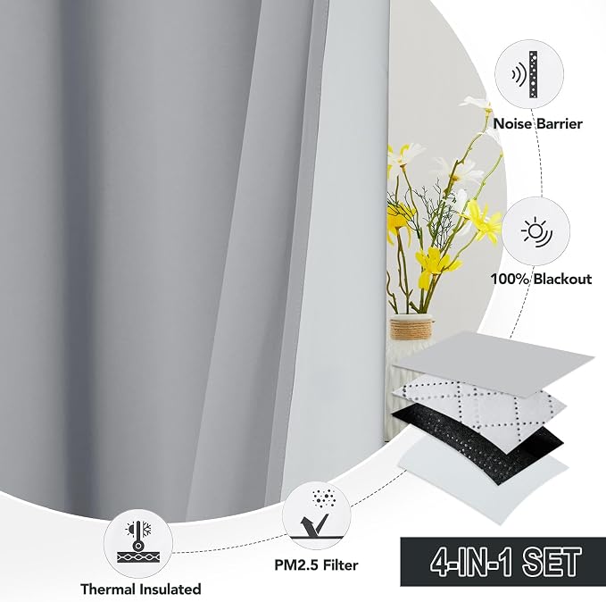 RYB HOME Dustproof Curtains for Large Window, Soundproof Thermal Insulated Blackout Curtains for Sliding Glass Door Furance Office Dorm Bedroom Living Room, Silver Grey, W62 x L95 inch, 2 Panels