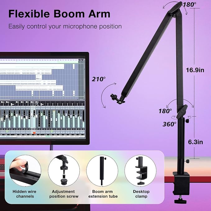 Blue Yeti Boom Arm with Extension Tube - Mic Boom Arm Compatible with Blue Yeti, Adjustable Boom Height Microphone Stand for HyperX QuadCast, Shure MV7, Rode, and Most Gaming Mic By SUNMON