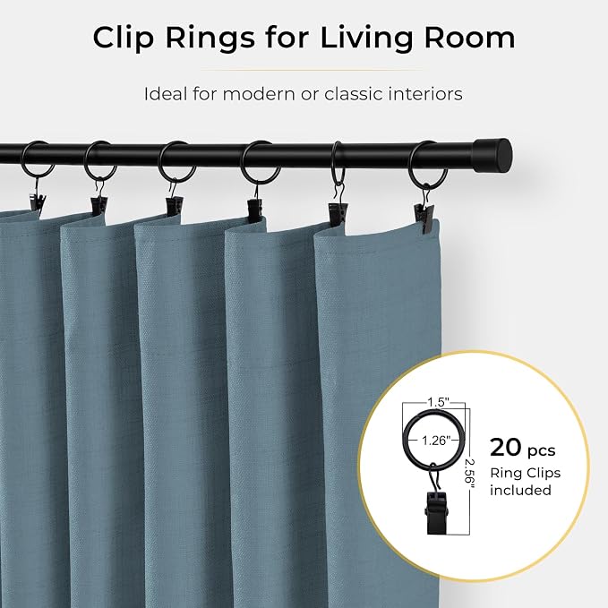 INOVADAY 100% Blackout Curtains for Bedroom, Black Out Curtains 84 Inch Long, Clip Rings Linen Blackout Drapes, Thermal Insulated Room Darkening for Living Room, 2 Panels - Stone Blue, W50xL84