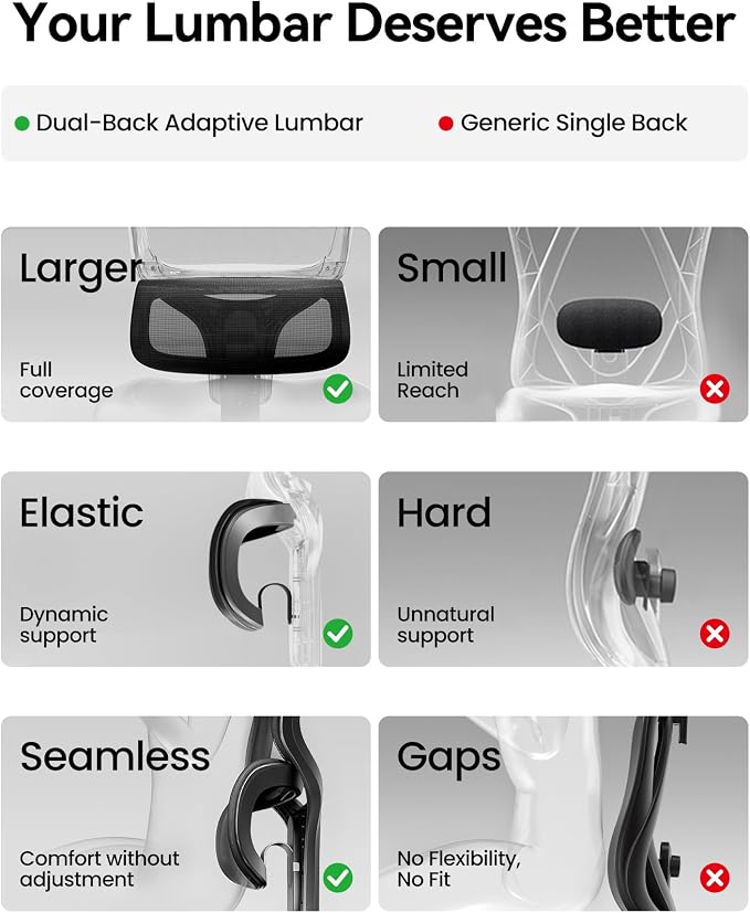 SIHOO Ergonomic Office Chair, Desk Chair with Armrests, Computer Chair with Dual Back Design and Adaptive Dynamic Lumbar Support, Dark Black