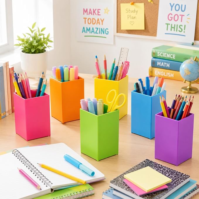 gisgfim 6 Pcs Colorful Acrylic Pen Holder for Desk Makeup Brush Holder Acrylic Pencil Cup Multipurpose Desktop Stationery Storage Organizer Desk Accessories for Classroom Home School Office Supplies