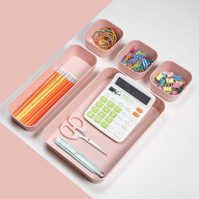 Set Of 12 Pink Color Plastic Desk Drawer Organizers For Makeup Bathroom Office Kitchen Vanity Drawer Storage Box Container