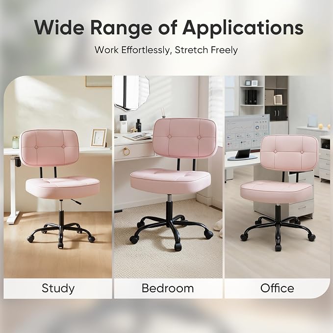 DUMOS Armless Office Desk Chair, Small Vanity Chair with Lumbar Support | PU Leather, 360° Rolling Swivel, Height Adjustable, Fit Computer Task, Bedroom Living Room, Pink