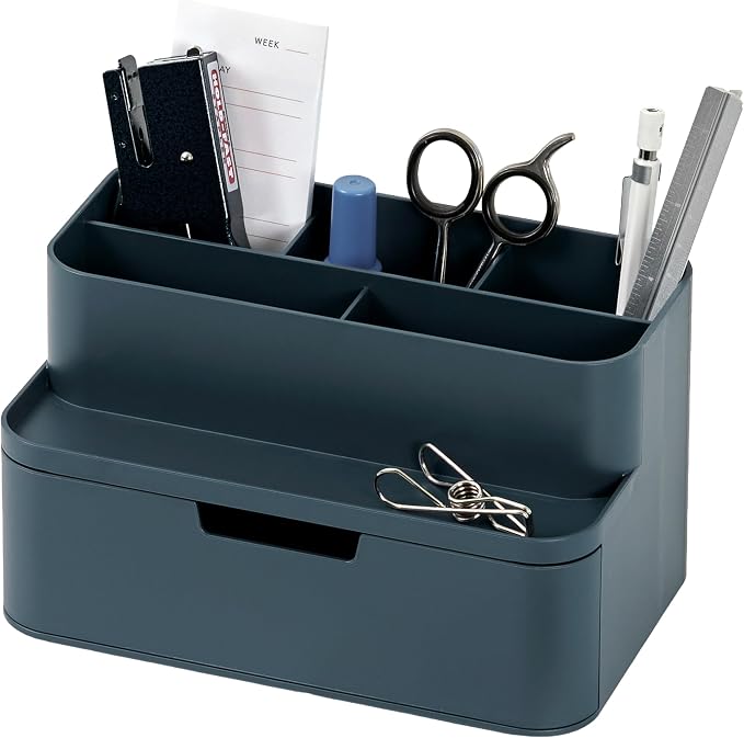 BLUE GINKGO Compact Desk Organizer, Blue, Made in Korea | 5 Compartments. Half Drawer. Space-Saving.