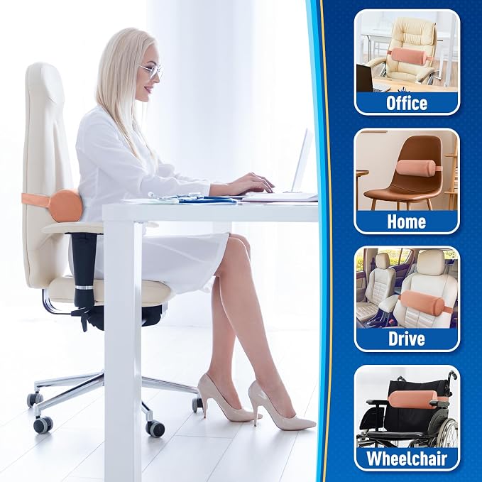 Lumbar Roll Support Pillow for Office Chair, Car, Gaming Chair, Memory Foam Back Cushion with Washable Cover for Relieving Back Pain & Improving Posture,Pink