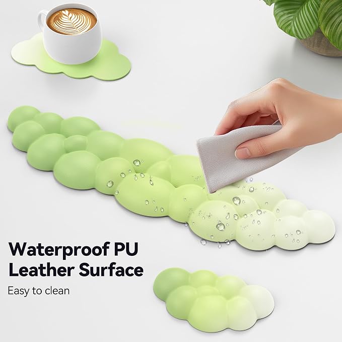 TECKNET Cloud Keyboard Wrist Rest Set, Cloud Wrist Rest with Non-Slip Base, PU Leather Wrist Pad for Keyboard with Ergonomic Memory Foam for Computer Laptop Office Gaming & Pain Relief, Gradient Green