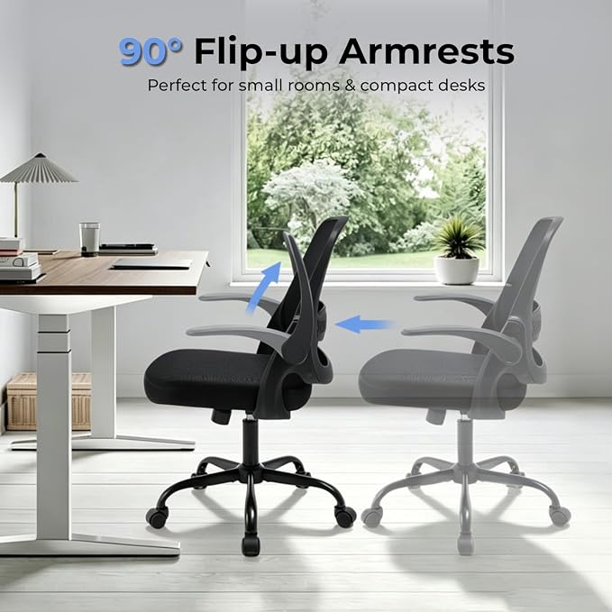 Ergonomic Mesh Office Chair for Home Office, Flip-Up Arms, Breathable Mesh Back & Thick Seat Cushion, Swivel Rolling Computer Desk Chair, BIFMA Certified, Supports 300 lbs (Black Frame/Black Seat)