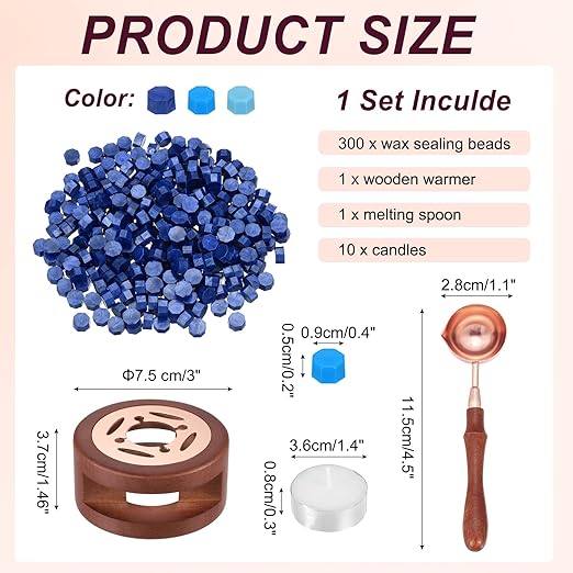 PATIKIL Wax Seal Kit, 300 Pcs Wax Sealing Beads, Wooden Warmer, Melted Spoon, 10 Pcs Tealight Candles for Envelope Letter Mailing Crafts DIY, 3 Blue Tone