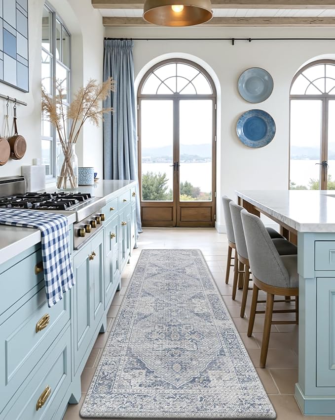DEXI Kitchen Floor Mats Cushioned Anti Fatigue Runner Rug, 23x59 Blue Grey | Waterproof,Soft and comfrt memory Foam,Easy Care,Vintage Style,Front Sink Laundry Office