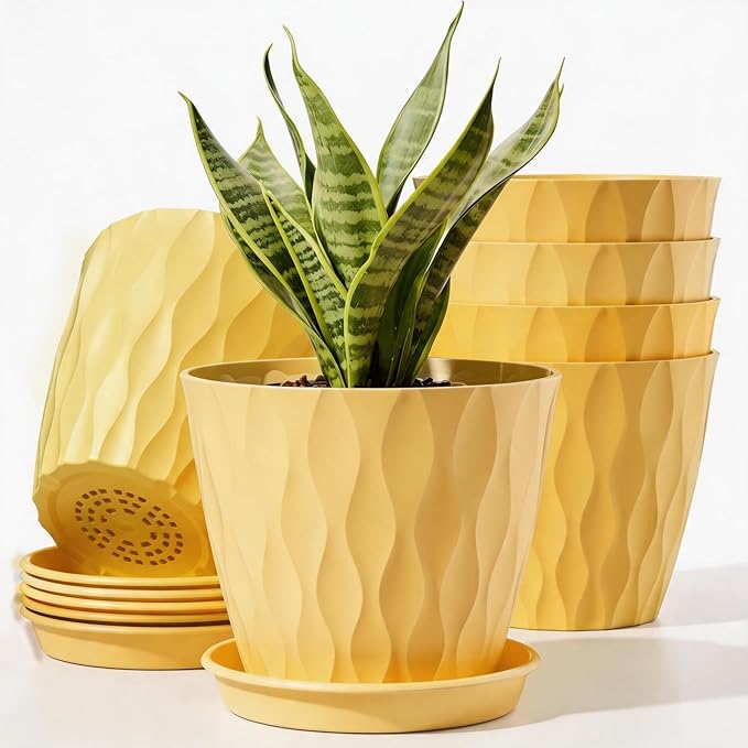 6 Pack Plant Pots with Drainage Holes, 4 Inch Plastic Indoor Flower Pots, Succulent Pots for Orchids, Violets, Succulents, Herbs and Other Small Plant, Yellow