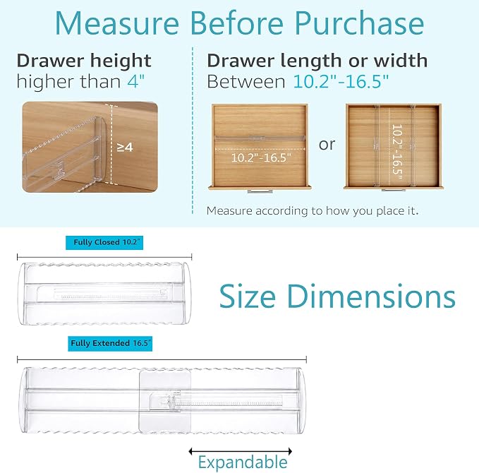 8 Pack 4" High Drawer Dividers for Clothes, 10.2"-16.5" Expandable Dresser Drawer Organizers, Adjustable Plastic Clear Drawer Separators for Kitchen, Baby Clothing, Socks, Underwear, Bedroom