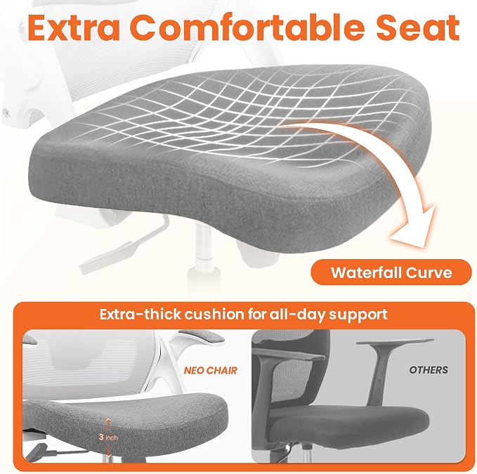 NEO CHAIR Office Desk Chair Gaming Computer High Back Support Mesh Comfy Seat with Adjustable Ergonomic Headrest Lumbar Rolling Flip-up Armrests and Wheels (Grey)