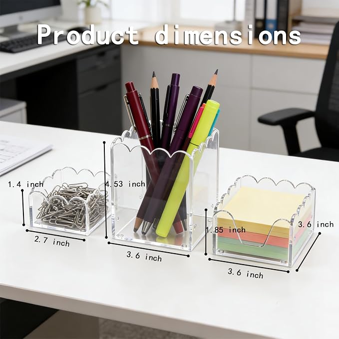 Acrylic Desk Organizer Set of 3,Magnetic Modular Pen Holder with Sticky Note & Paperclip Tray, Clear Aesthetic Desk Accessories for Home Office, Desk Decor for Women Men, Small Space Office Supplies