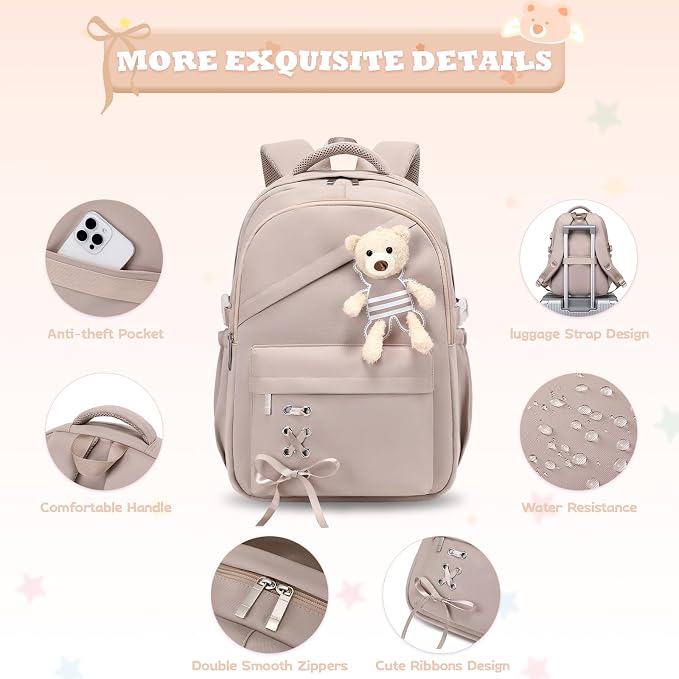 ACESAK Girls Backpack for School Set - 5 PCS Cute Girls Backpack with Lunch Box, Pencil Case, Bento Box & Insulated Water Bottle - Kawaii Casual Kids Bookbag Set Back to School Supplies (Khaki)