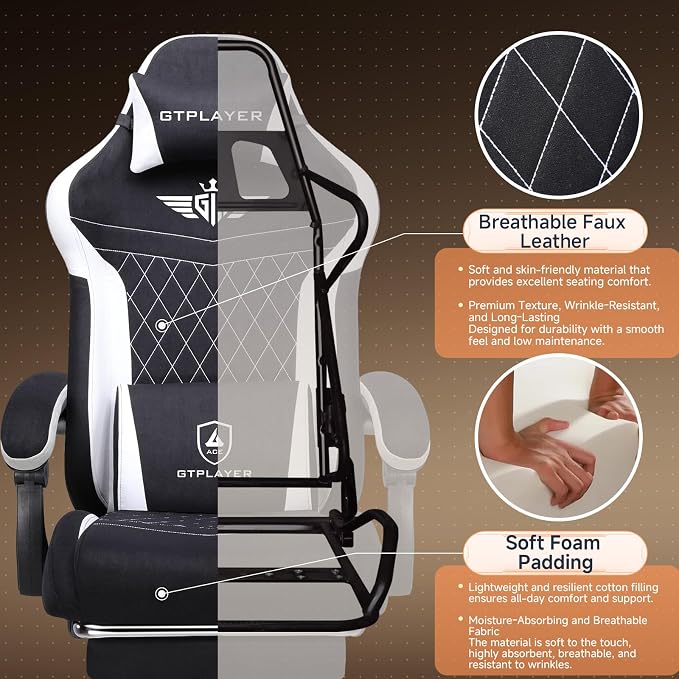 GTPLAYER Gaming Chair with Footrest, Ergonomic Office Chair 400lbs Heavy Duty, Big and Tall Computer Desk Chair with Lumbar Support and Headrest, Breathable Tech Fabric, 90-155° Recline Black