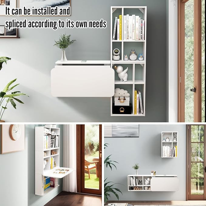 Floating Desk with Storage Shelves, 81'' Wall Mounted Desk Laptop Writing Study Table, Folding Drop Leaf Table, Multifunctional Computer Workstation for Narrow Small Space
