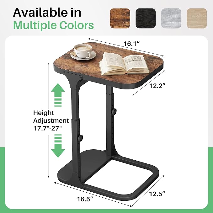 Kitstorack Height Adjustable End Table 2 Pack, Small Side Table for Couch, Sofa Table with Metal Frame for Living Room, Bedroom, Bedside C Shaped Table,Brown