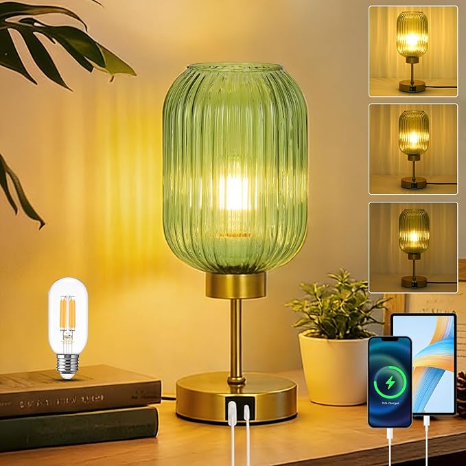 LAMSU Vintage Table Lamp for Bedroom with Bulb, Small Green Glass Beside Lamp with USB Ports, 3 Way Dimmable Gold Desk Lamp, Mid Century Modern Nightstand Lamp for Living Room, Office, Home Decor
